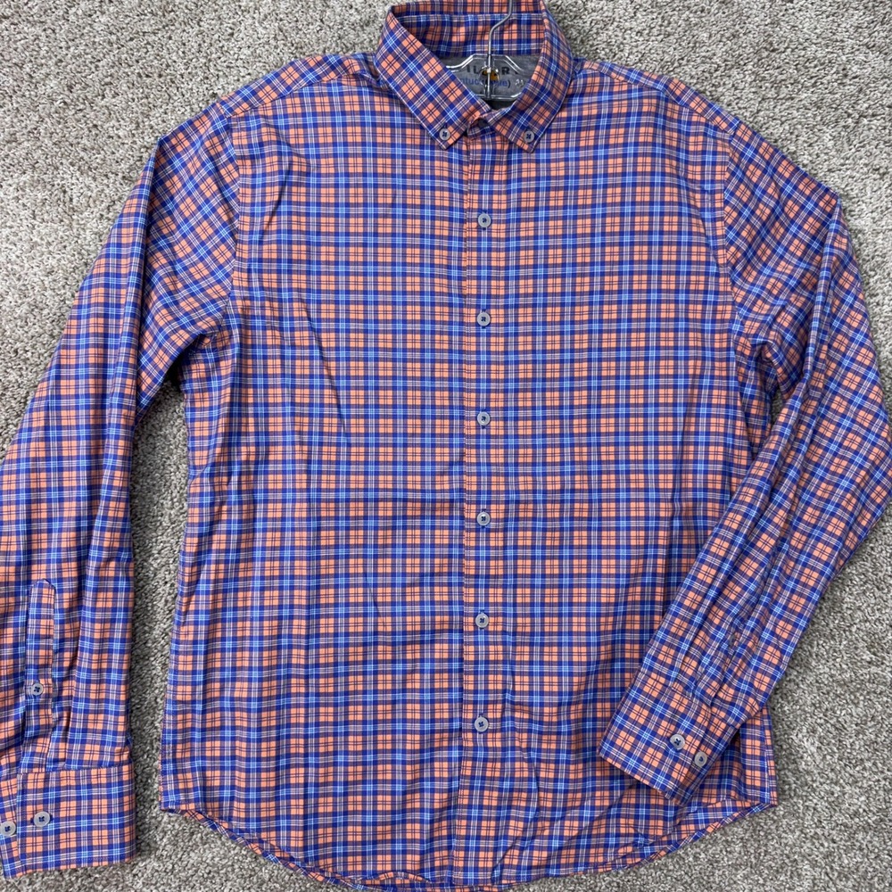 Twillory Shirt Mens Medium Untuckable Orange Blue Plaid Button Down EUC
